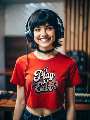 Women "I Play by My Ear" Red Crop Top T-Shirt
