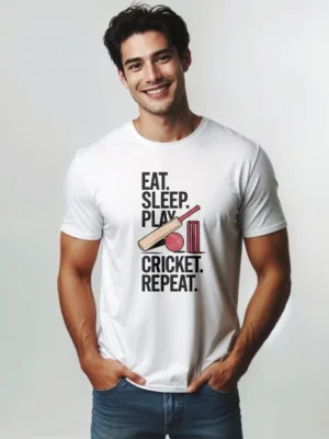 Men's White Eat Sleep Play Cricket Repeat Tshirt
