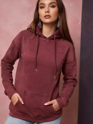 Unisex Maroon Acid Wash Hooded Sweatshirt
