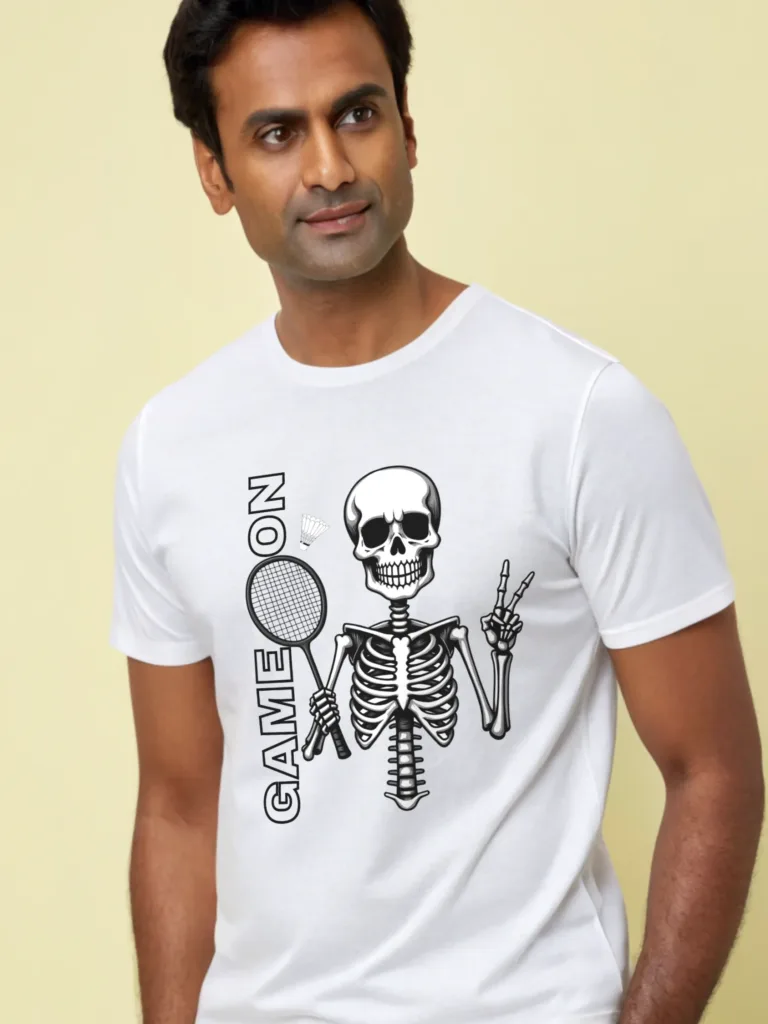 Men's Grey and White Game On Badminton Tshirt