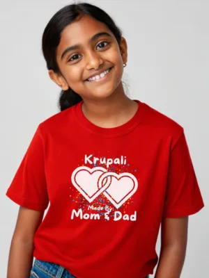 Girl's Red Custom Name Made By Mom and Dad Tshirt