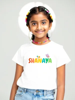 Girls White Custom Colorful Name Print Tshirt