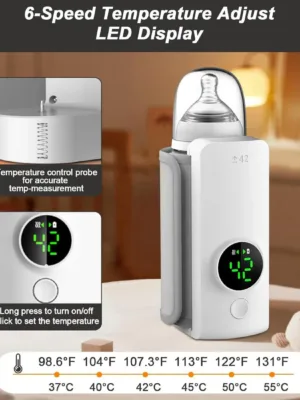 Close-up of electric bottle warmer strapped to milk bottle showing temperature display