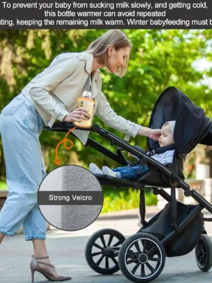 Travel-friendly portable bottle warmer in hand of parent next to stroller