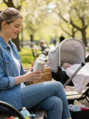 Mother using portable bottle warmer on baby bottle while traveling in car