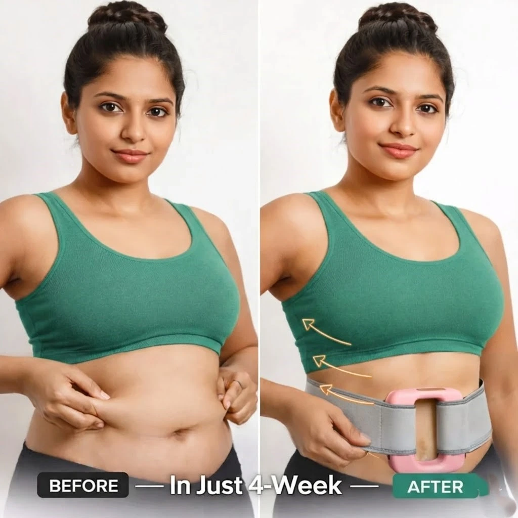 Woman using electric belly fat burner belt while relaxing